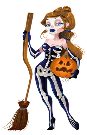 Skeleton Witch girl Halloween Character with a pumpkin and broom